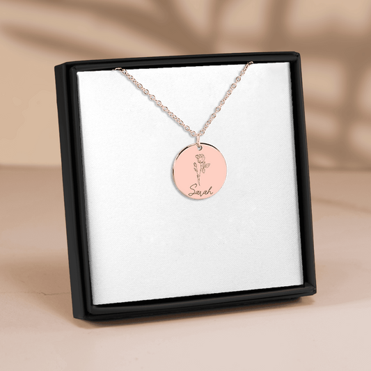 Your Name and Birth Flower Engraved Necklace