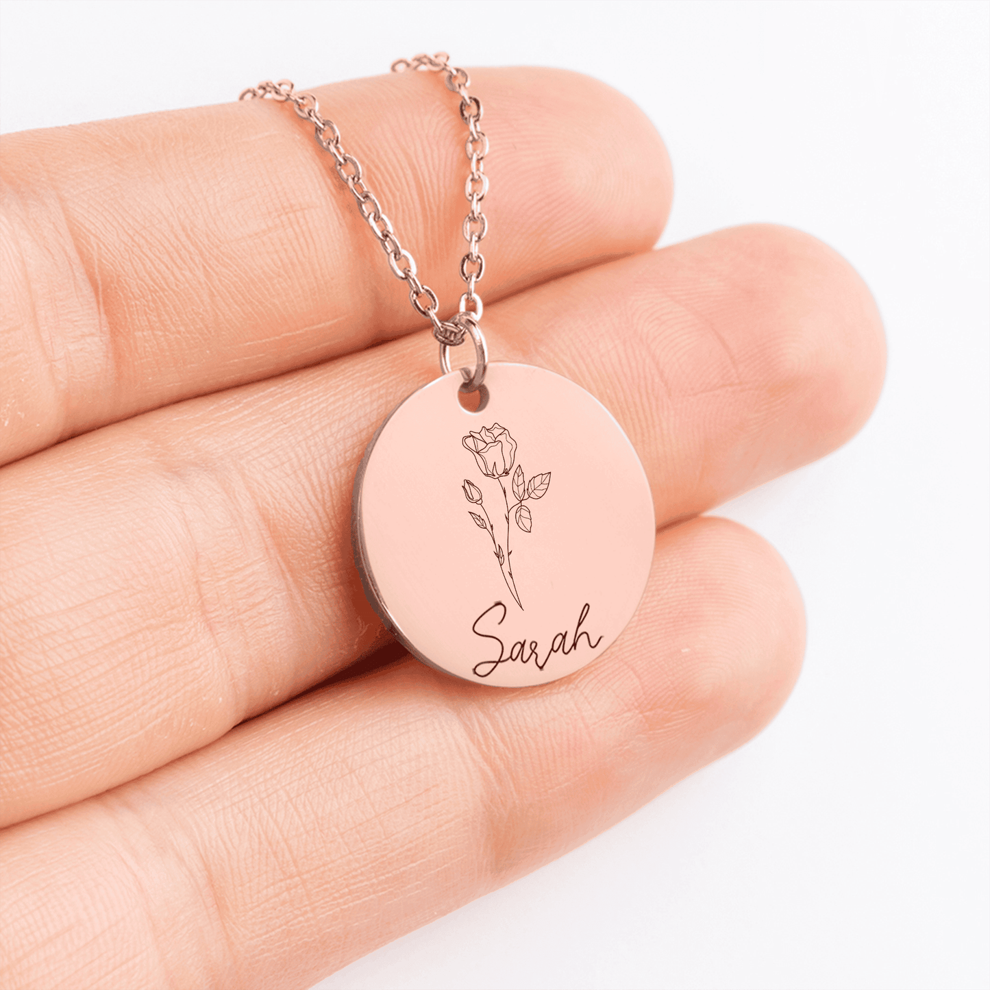 Your Name and Birth Flower Engraved Necklace